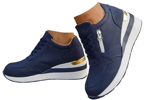 Xbemkste Chaussures de sport pour femme avec talon compensé et plateforme - Avec fermeture éclair - Respirantes - Lacets - Chaussures de course - Baskets - Chaussures de sport confortables, bleu, 37.5