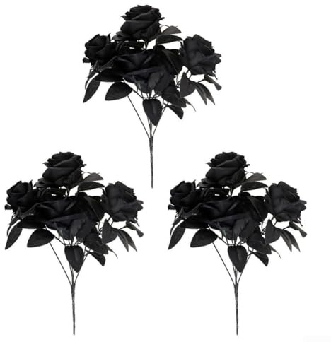 3 schwarze Rosenstrauß für Halloween-Dekoration, um Spukhäusern, Partys oder Zuhause mit langlebigen Kunstblumen eine unheimliche und elegante Note zu verleihen