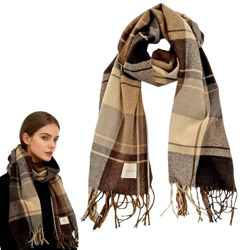 YAUOIPI Brown Tartan Scarf for Women Men,Autumn Winter Long Tartan Checked Shawl,50 * 200 CM Soft Scarves with Tassel Birthday Christmas Gifts (Brown)