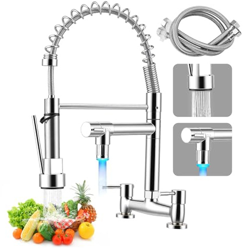 2 Hole Bridge Kitchen Mixer Tap, Dual Lever Sink Faucet with 360° Swivel Brass Spout & 2 Spray Modes, Corrosion-Resistant Ceramic Valve, Easy Install Deck Mounted for 180mm Centers UK Standard (C02)