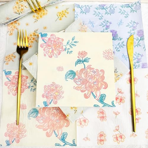 Serviettes en Papier Fleurs Oranges Serviettes de cocktail Décorations de fête,Absorbantes et pratiques - jetables pour mariage,anniversaire,apéritif,Noël,dessert5 Paquet(33x33cm)