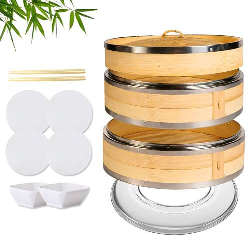 Bamboo Steamer Basket | 2 Tier 10-Inch steaming basket for Dim Sum, Bao Buns, Momos, Rice & Vegetables | Dumpling Steamer, Complete Kit: 4 Reusable Liners, 2 Sauce Dish, 2 Chopsticks, Ring Adapter | Natural Bamboo dumpling steaming basket Kit