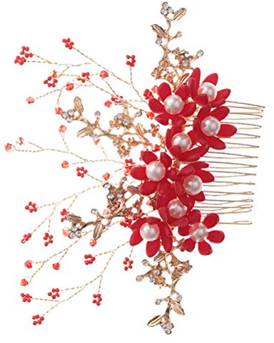 Vaguelly Handgefertigter Roter Damenhaarkamm mit Perlen Leichter Blumenförmiger Brauthaar Kopfschmuck für Hochzeit und Elegante Festlichkeiten Einfach Tragbar