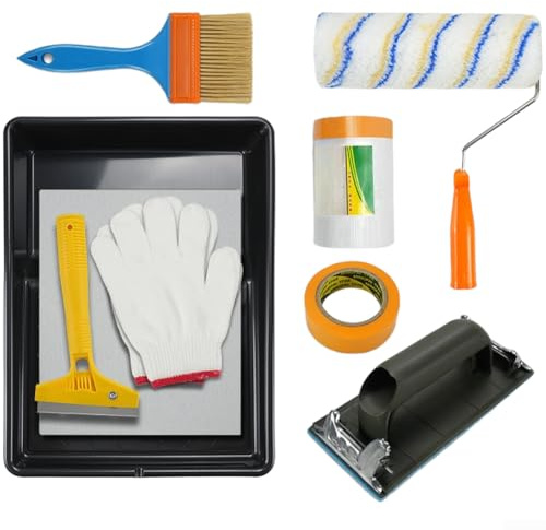 Juego de pinceles de pintura, 9 piezas de herramientas de pintura con bandeja de rodillo, raspador de cepillo de nailon, película de enmascaramiento, marco de metal, mango ergonómico para renovación