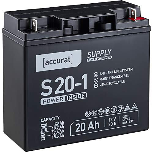 Accurat Supply AGM Solarbatterie S20-1 - 12V, 20Ah, 30% mehr Kapazität, zyklenfest- VRLA Versorgungsbatterie, Aufbaubatterie Wohnmobil, Wohnwagen Batterie, Bootsbatterie, Bleiakku für Camping