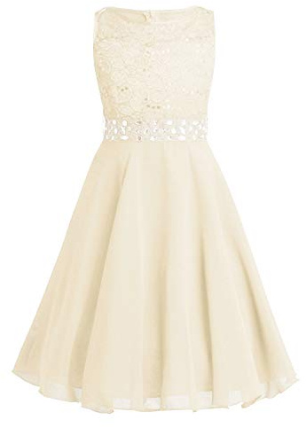 ranrann Vestido de Princesa Encaje para Niña Chifón Vestido Elegante de Boda Fiesta Bautizo Lentejuelas Vestido Tutú de Dama de Honor Cumpleaños Beige 12 años
