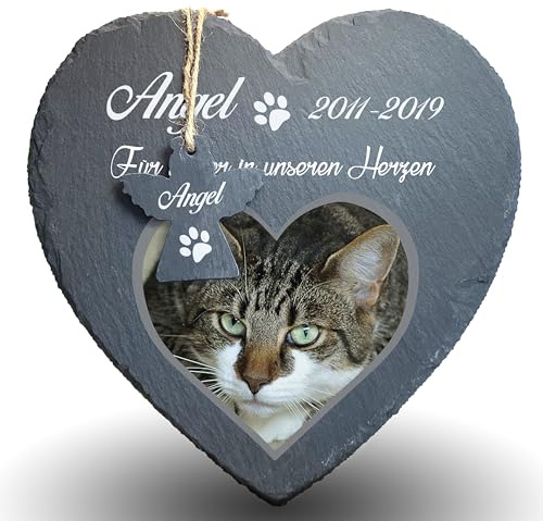 TULLUN Individueller Personalisiert Herzform Tiergrabstein Schiefer Gedenkstein für Hund, Katze und andere Haustiere Tiere - Größe | 25 x 25 cm | - Herz und Engel