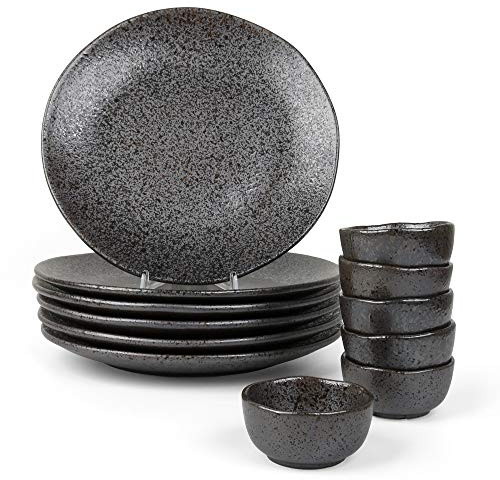 Holst Porzellan RT 391 SET 12 Porzellan 12-tlg. Burger-Servierset, 6 x Burgerteller & 6 x Dipschälchen, Reaktives Porzellan Carbon, Schwarz