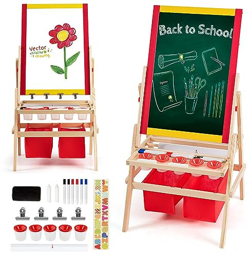 DREAMADE Kinder-Staffelei aus Holz, Doppelseitige Standtafel mit Kreidetafel und magnetischem Whiteboard, Höhenverstellbare Maltafel, inklusiv Malpapier, 2 Aufbewahrungsboxen, Halterung usw.