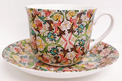Florentine Breakfast Cup & Saucer Large Fine Bone China 14.5oz Jumbo Set Floral Gold Accents Renaissance Design Hand Decorate in UK