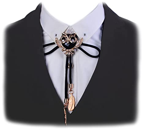 Tsangbaby Einzigartige Kristall Eule Bolo Krawatte mit Blatt Anhänger Western Cowboy Leder Bolo Bow Tie Vogel Strass Halskette für Kostüm Dekor, Schwarz , Einheitsgröße