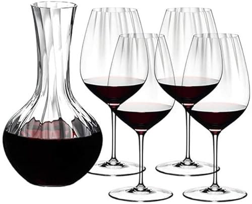 Habiba Exquisitas Copas de Vino Tinto, Grandes Copas de Vino Transparentes, Juego de 4 con una Jarra, Copa de Vino, Cristal Premium para Aniversario de Boda