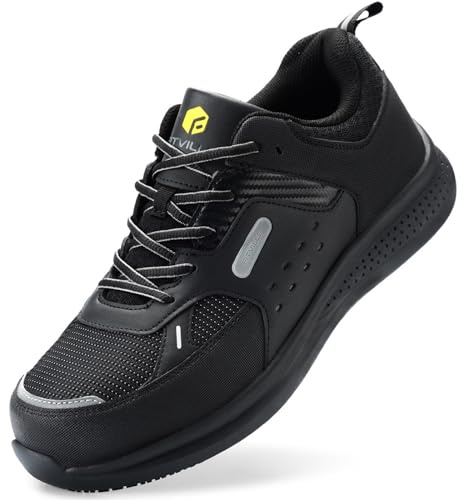 FitVille Extra Wide Work Shoes for Men Composite Steel Toe Slip Resistant Work Shoes Waterproof Lightweight-SteelCore(Black,13 X-Wide)