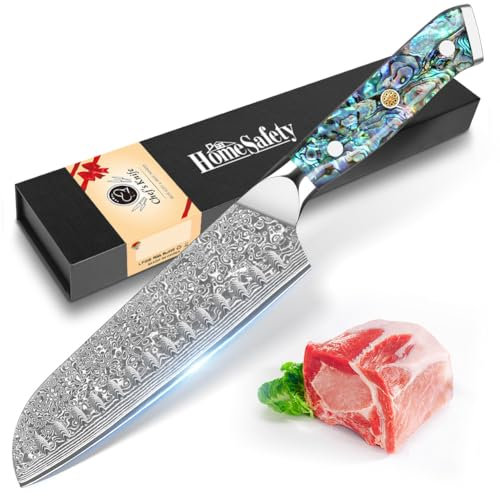 Home Safety Damastmesser Santoku Messer mit extrem Scharf 18cm Klinge aus 67 Lagen VG-10 Damaststahl Küchenmesser Damast Gemüsemesser, Abalone-Muschel Griff, Geschenkbox
