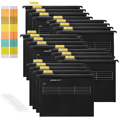 Schwarz Hängemappen A4, Hiziwimi 20 Stück PVC Aktenschrank Schwarz Hängemappe a4, Hängeregister mappen mit Tabs und Einsätzen für Büro, Schule, Desktop-Aktenaufbewahrung, Dateiklassifizierung