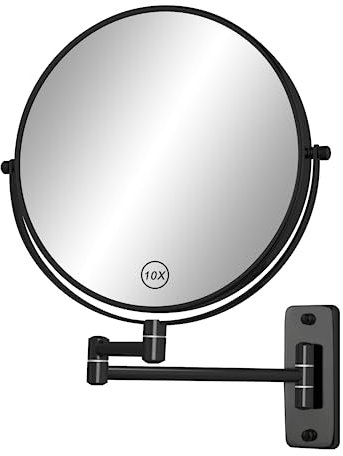 FFowcye Specchio ingranditore da parete da 20,3 cm, specchio da barba double-face 1X/10X, con braccio girevole a 360° ed estensibile, per bagno, nero, senza luce