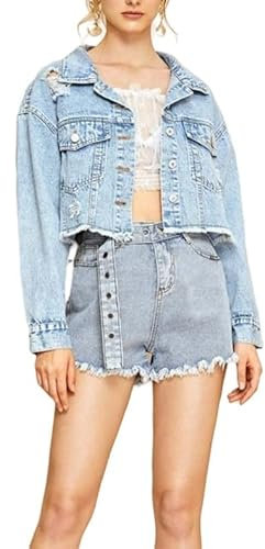 Jeans Jacken Für Damen,Damen Vintage-Jeansjacke Mit Nieten, Ausgefranste, Lässige Jean Shacket Trucker-Jacke, Mittellange Boyfriend-Jacke, Punk-Cardigan, Parka-Overcoat Für Herbst Und Frühling,