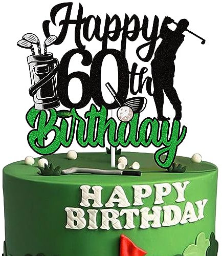 LINGBOOM Golf Happy 60th Birthday Cake Topper Black Green Golf Sixty 60 Years Old Ball Player Cake Decorations 1963 Sport Themed Bday Party Supplies