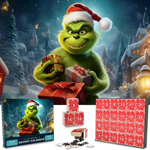Advent Calendar Monster Jigsaw Puzzles for Kids Adults, 24 Box 1008 Pieces Christmas Puzzle Countdown Calendar, Funny Christmas Game Gift Wall Decor, 20.5 x 29.6 inches