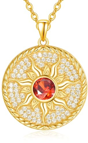 AENEAS Collier en argent sterling 925 plaqué or 14 carats avec pendentif en forme de soleil et pierre de naissance, Argent sterling, Grenat