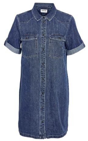 NOISY MAY Damen Kurzes Denim Jeanskleid Oversize Kurzarm Hemd Design Basic Shirtkleid, Farben:Blau, Größe:L