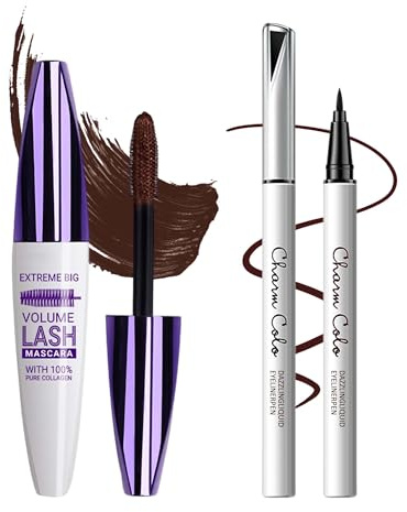 Braun 5D Bunt Wimperntusche & Flüssiger Eyeliner, Volume & Curl Mascara, Glatter Schnelltrocknender Eyeliner, Langanhaltend & Wasserfest, Hochpigmentierte Augen-Makeup Set, Geschenk für Frauentag