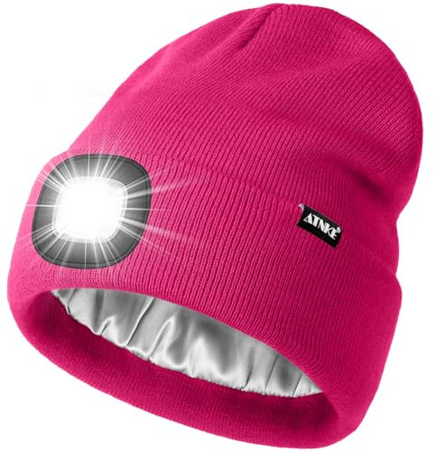 ATNKE LED Beleuchtete Mütze mit Licht,Wiederaufladbare USB 4 LED Beleuchtete Laufmütze Extrem Heller Lampe Winter Warme Satin Seide Gefüttertes Geschenke für Herren und Damen/Rose Red