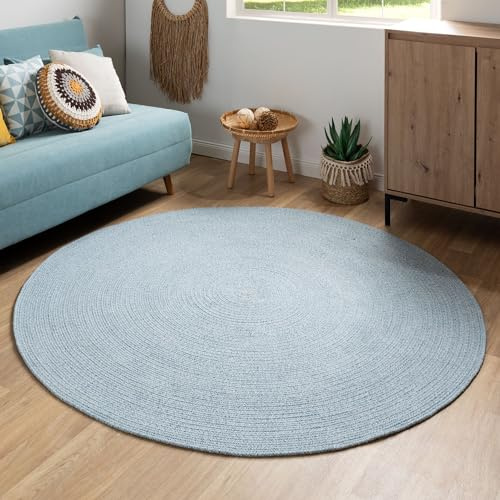 Steffensmeier Handweb Teppich Bali | 100% Baumwolle, Hellblau meliert, handgefertigt, Größe: Ø 200 cm | Flur, Eingangsbereich, Wohnzimmer