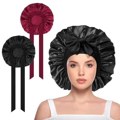 ACWOO Gorros De Satén para Dormir, 2 Piezas Gorro de Seda Ajustable, Gorro para Dormir Suave de Satén, Gorros de Dormir De Seda con Banda Ancha para Mujeres (Negro, Rojo)