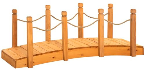 Outsunny Ponte da Giardino ad Arco in Legno d'Abete, Ponticello di Legno da Cortile con Sponde Laterali in Corda di Canapa,150x58x58.5cm, Arancione