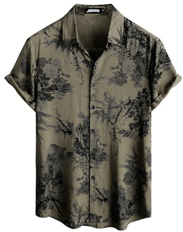 JOTOOK Mens Hawaiian Shirt Short Sleeve Button Down Shirts Khaki Flower L