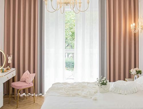 Ayoiow Gardine Blickdicht Rollo, Verdunkelungsvorhang Mit Ösen, Chenille Vorhang Gardine 2Er Set, Hellgrau Pink, 96X160CM
