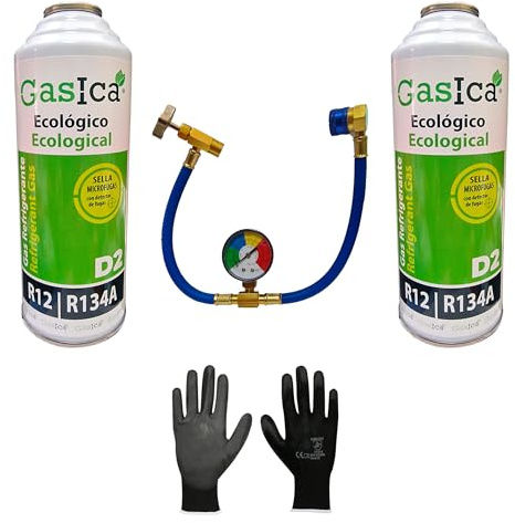 Gasica D2 226g. (Pack 2 Uds. + Racor con Grifo + Guantes de Protección) Botella Refrigerante Orgánico Ecológico Sustituto del R12 y R134A para Recarga de Aire Acondicionado Coches