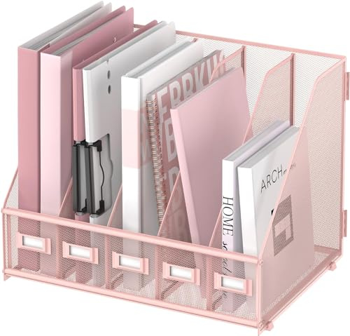 SUPTIDY Rack File Organizer - Organizer da scrivania in metallo - Portariviste con 5 scomparti verticali - Magazine File Holder, rosa