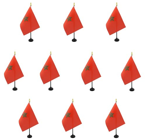 AZ FLAG - Set mit 10 Mini-Flaggen Marokko, 15 x 10 cm, 10 marokkanische Büroflaggen, 100% Polyester, mit Fahnenstange mit Goldstich