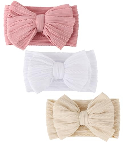 DRESHOW 3 Paket Nylonpannband för Nyfödda Babyflickor och Småbarn Hårband och Rosetter Hårtillbehör