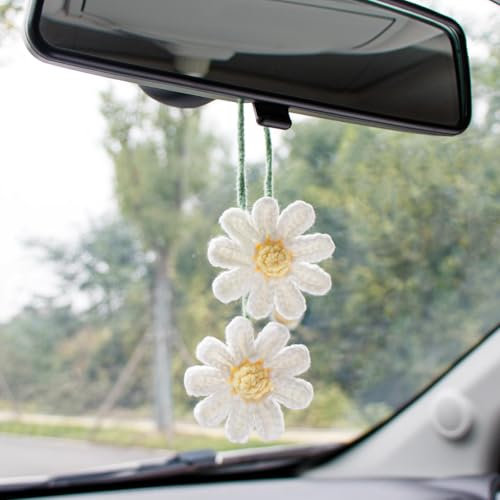 Häkeln Gänseblümchen Auto Anhänger ，rückspiegel anhänger，niedlicher rückspiegel-dekor，Handgestrickter Gänseblümchen-Anhänger，deko auto innenraum，für Autospiegel Türen Zuhause Büro für Frauen(Weiß)