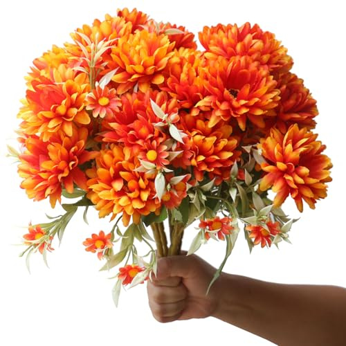 Autumn Artificial Flowers for Outdoors Faux Mums Burnt Orange Marigold Outside, UV Resistant 6PCS 30 Fall Fake Silk Chrysanthemums for Porch Pots Patio Garden Vase Halloween Thanksgiving Decor