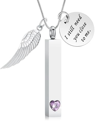 QGJNSGC Cremation Jewelry for Ashes Angel Wing Charm Vertical Bar Urn Necklace Stainless Steel Memorial Keepsake Ash Locket Pendant for Women Men