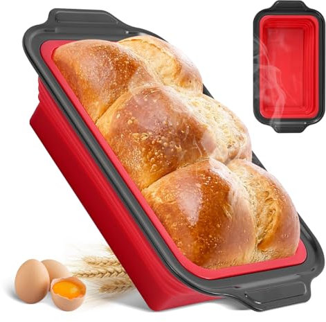 Keejoy 9 Inch Silicone Bread Loaf Pan with Metal Reinforced Frame, Nonstick Silicone Baking Mold for Homemade Bread, Brownies, Long loaf of bread Cheesecakes and Meatloaf, Red