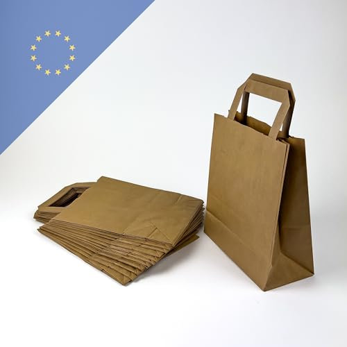 Braune Kraftpapier-Tragetaschen 2kg, 18 x 8 x 22 cm, 100% recycelbar, robust, für Einzelhandel, Veranstaltungen und Geschenke, Packung mit 100 Stück
