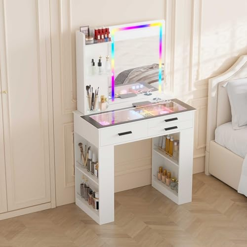 Gurexl Schminktisch mit Spiegel, RGB LED Schminktisch Beleuchtung Schubladen Glasplatte 3 Schubladen Frisiertisch für Schlafzimmer Wohnzimmer Weiß