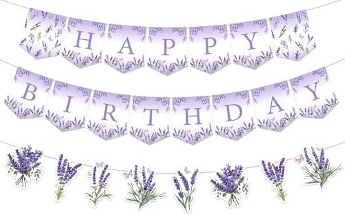 JOYMEMO Lavender Theme Birthday Party Decorations, Lilac Flower Happy Birthday Banner, Purple Floral Butterfly Garland Hanging Supplies