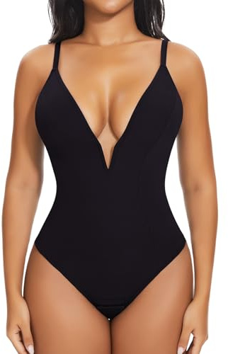 Joyshaper Damen Formender Body Tanga Bauchweg Bauchkontrolle Miederbody Tiefer V Ausschnitt Bodysuit Top Body Shaper, Schwarz, S