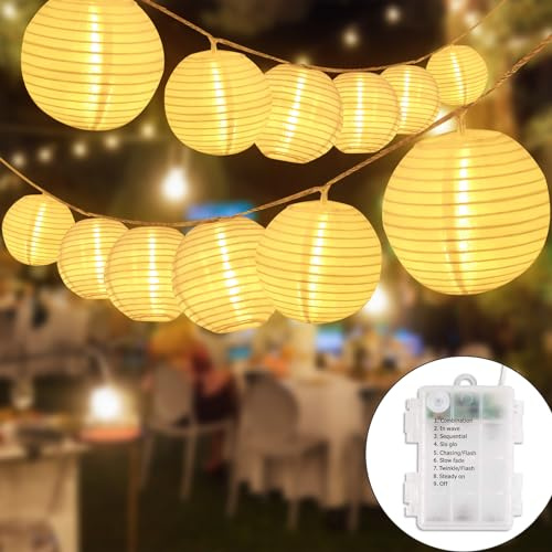 SALCAR LED Lampions Lichterkette Batterie, 5M 10 LED Lampions Außen Wetterfest mit Timer, 8 Modi Laternen Lichterkette Outdoor Innen für Balkon Terrasse Hochzeit Party Hof, Warmweiß