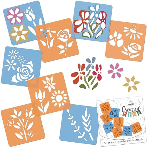 NAKLEO Stencil di Pittura per Bambini, 8 Pezzi 15x15cm Fiori, Modelli Plastica e Riutilizzabili di Disegno Creativo, Sagome DIY Decorazione Arte e Artigianato, Carta Muro Legno Tessuto