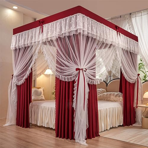 GUOIOOI Prinzessin Baldachin mit Rüschen,4 Eckpfosten Elegant Doppelstöckiges Moskitonetz Mit Spitze Bestickter Luxus-Bettvorhang,für Twin Full Queen King Size Bettvorhänge(Red,180x200cm/Queen)