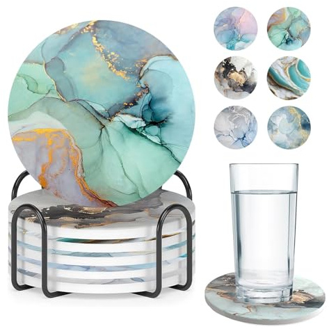 Coasters Set of 6, Absorbent Ceramic Coaster Set, Round Marble Coasters with Holder, Non Slip Ceramic Coaster, Decorative Coffee Cup Beverage Mats for Home Kitchen Bar