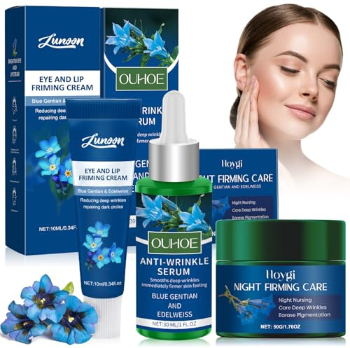 Genciana Azul Crema de Noche, Crema Contorno de Ojos y Sérum Facial Redensificante, con Genciana Azul y Edelweiss, Crema Hidratante Facial Mujer, Antienvejecimiento, Antiedad, Reafirma