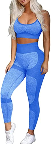 OLCHEE Women’s Workout Sets 2 Piece - Seamless Yoga Leggings and Cross-Strap Sports Bra Gym Outfits Activewear Matching Set - Blue XX-Large